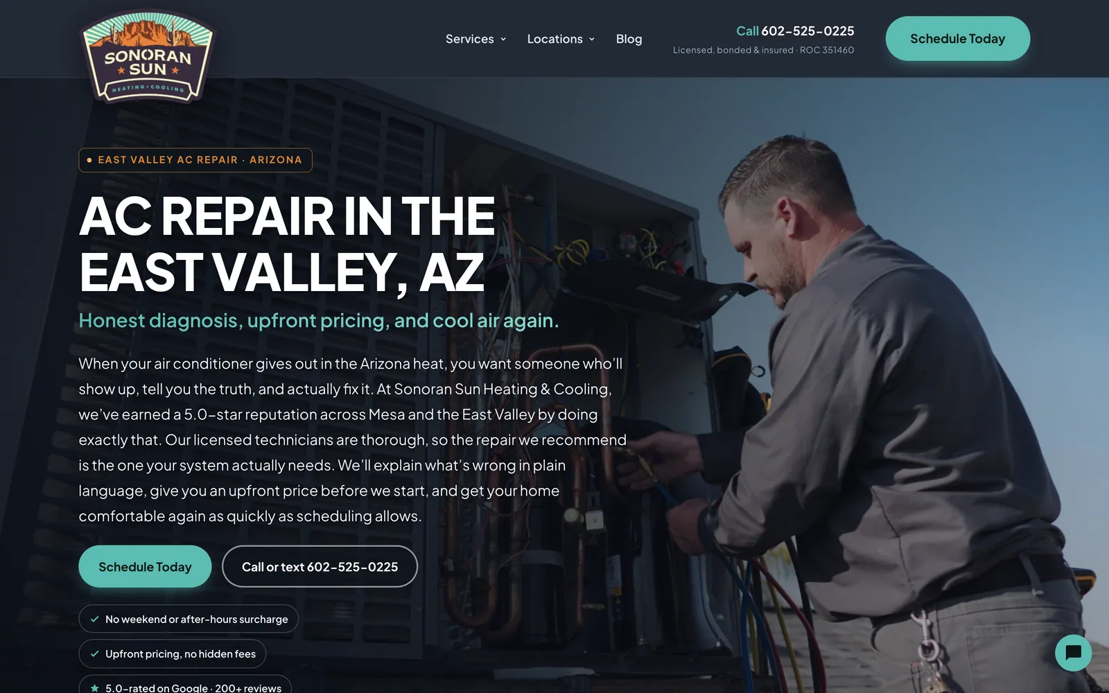 Sonoran Sun AC repair service page on desktop, with the East Valley AC repair headline, upfront pricing promise, and Schedule Today button