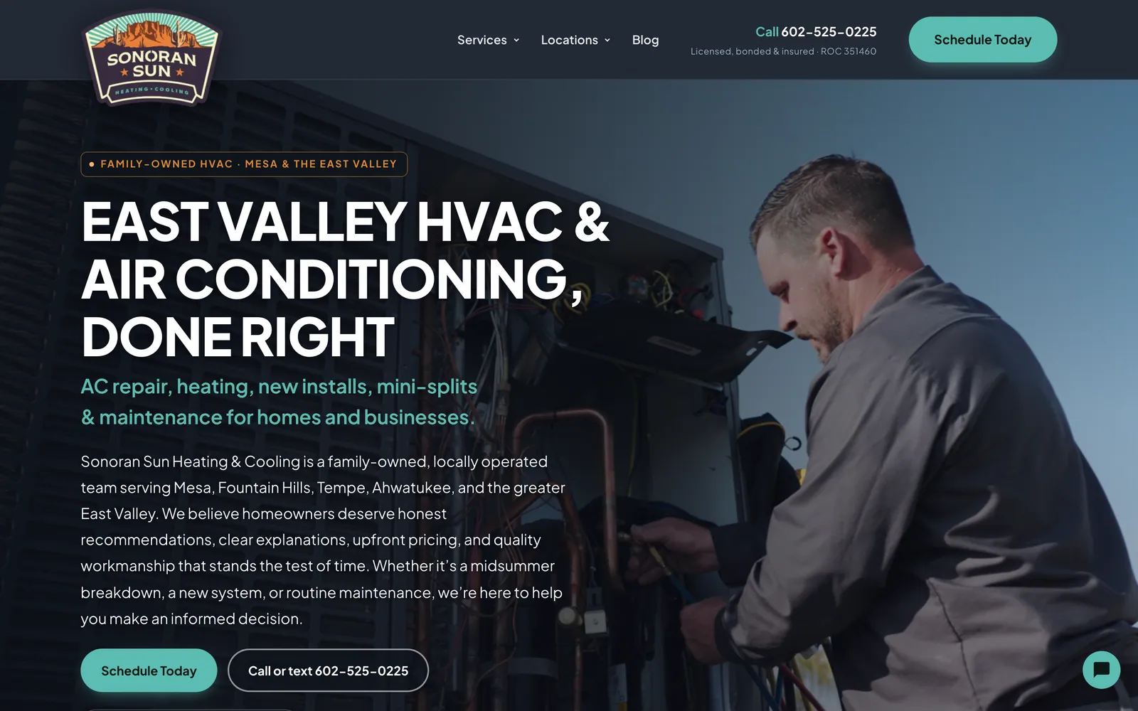 Sonoran Sun AC homepage on desktop, with the East Valley HVAC headline, Schedule Today button, and click-to-call number