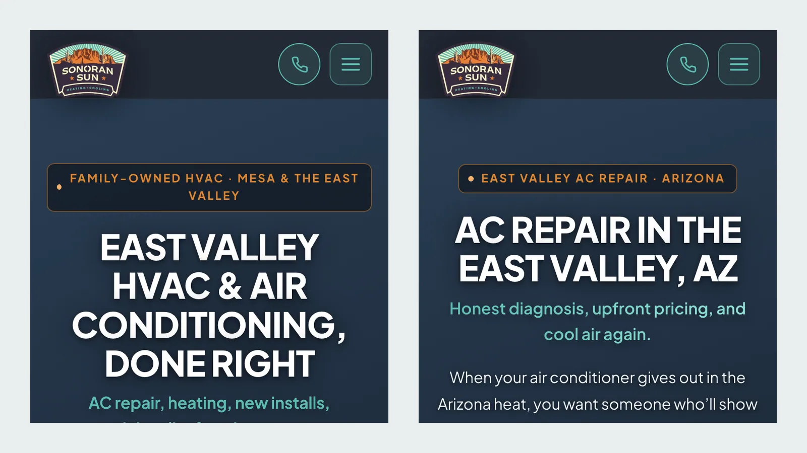 Sonoran Sun AC home page and AC repair page on a phone, showing the tap-to-call button and Schedule Today button above the fold