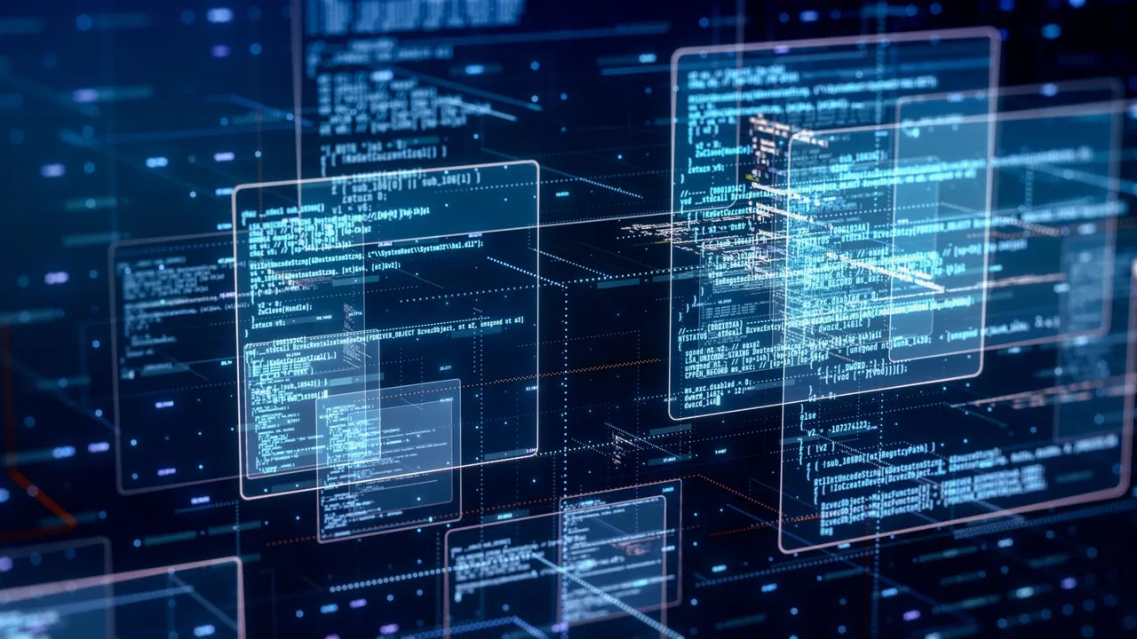Abstract panels of source code floating over a dark blue grid
