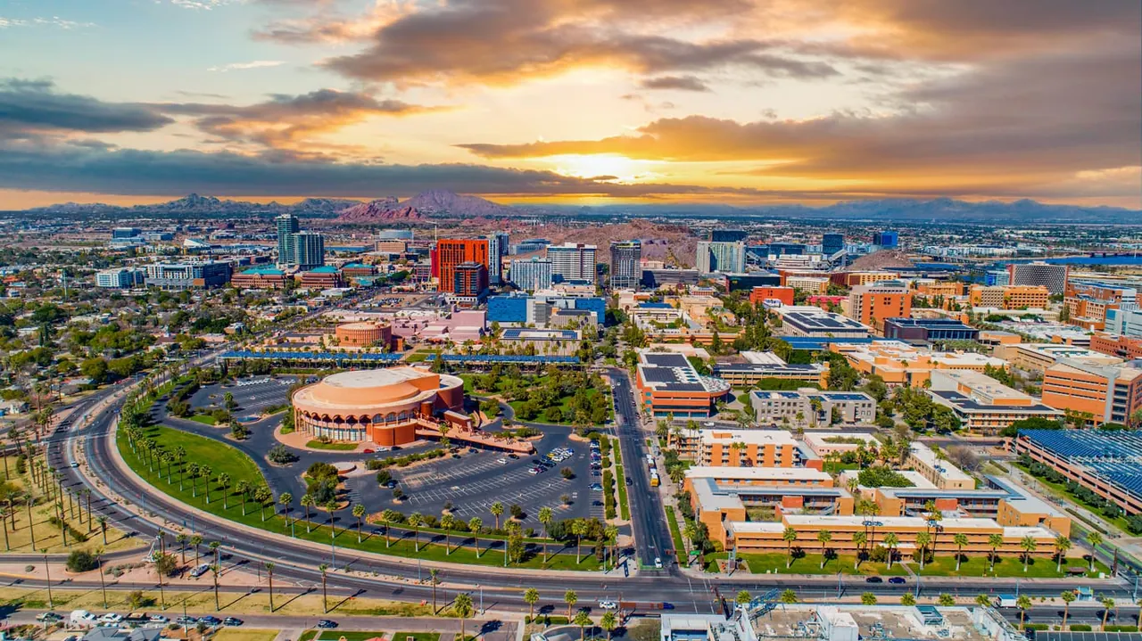 Aerial view of downtown Phoenix and Tempe at sunset